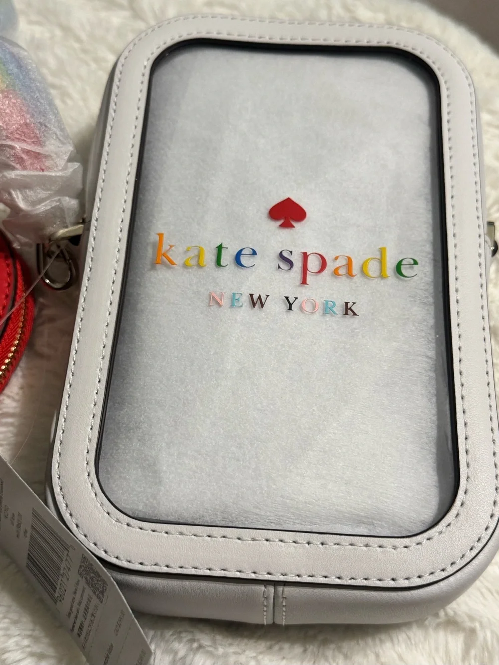 kate spade White Clear Crossbody with Red Heart Coin Pouch and Rainbow Strap